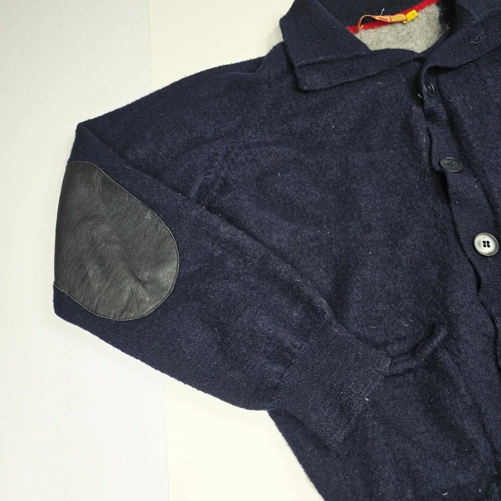 Kuna Navy Knit Cardigan Sweater Leather‎ Elbow Patches Mens Small Button Down